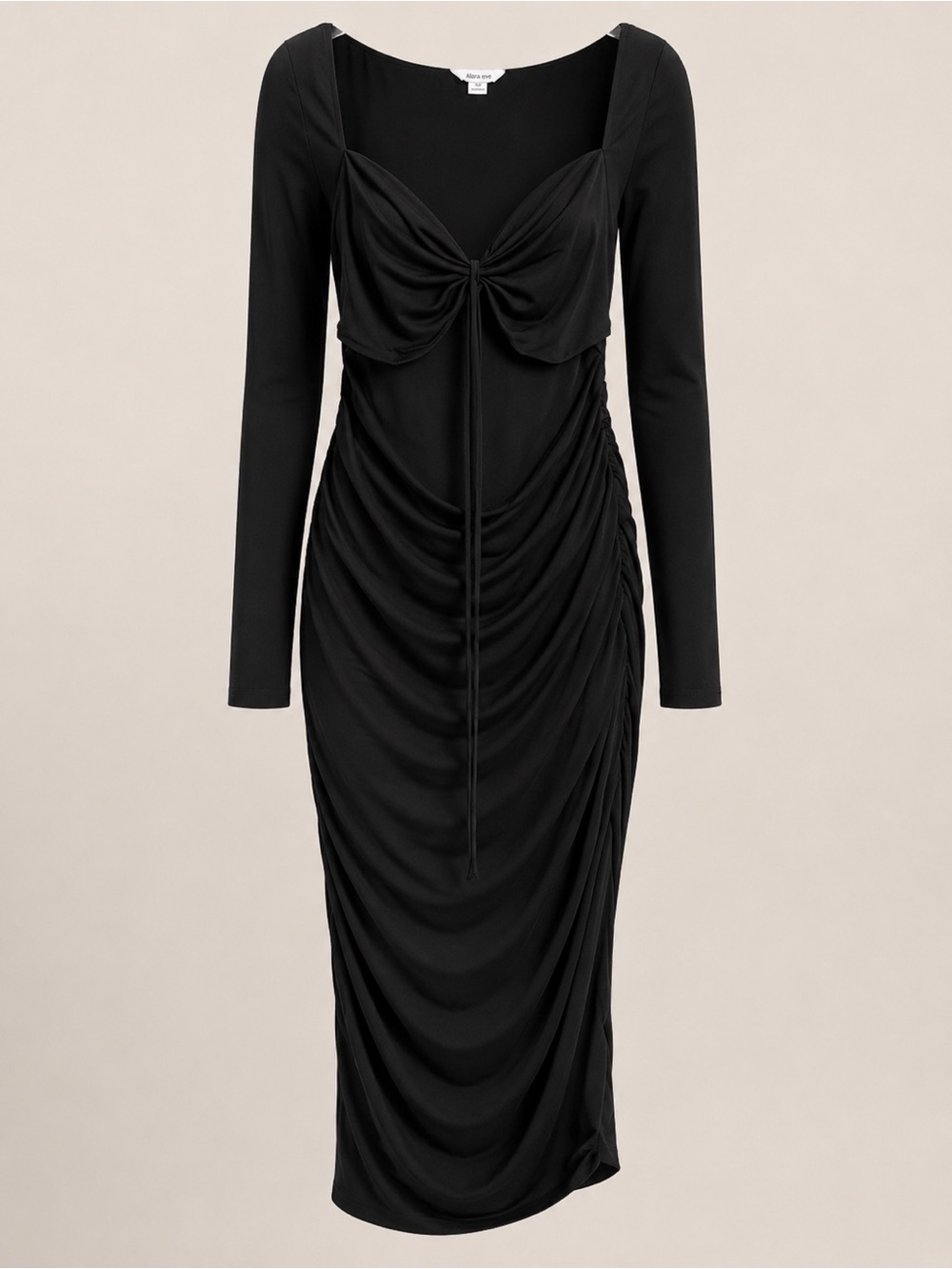 Women's Black Long-Sleeve Ruched Midi Dress Front Cutout Bodycon